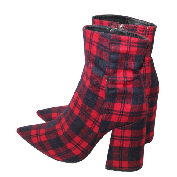 Alias Mae women's booties size 39 red tartan plaid block heel pointed toe zip up - Picture 3 of 9